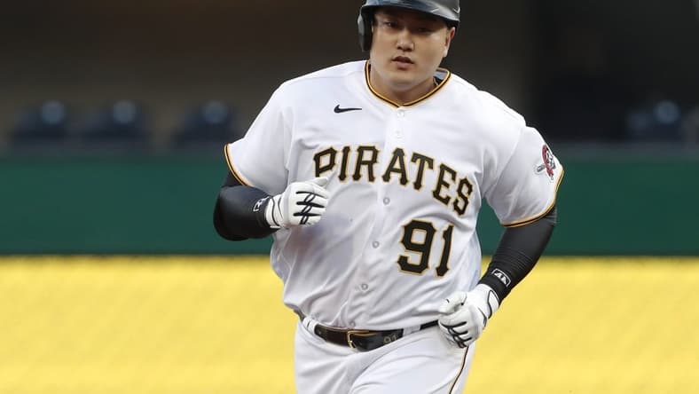 Apr 10, 2023; Pittsburgh, Pennsylvania, USA;  Pittsburgh Pirates designated hitter Ji Man Choi (91) circles the bases on a solo home run against the Houston Astros during the second inning at PNC Park. Mandatory Credit: Charles LeClaire-USA TODAY Sports