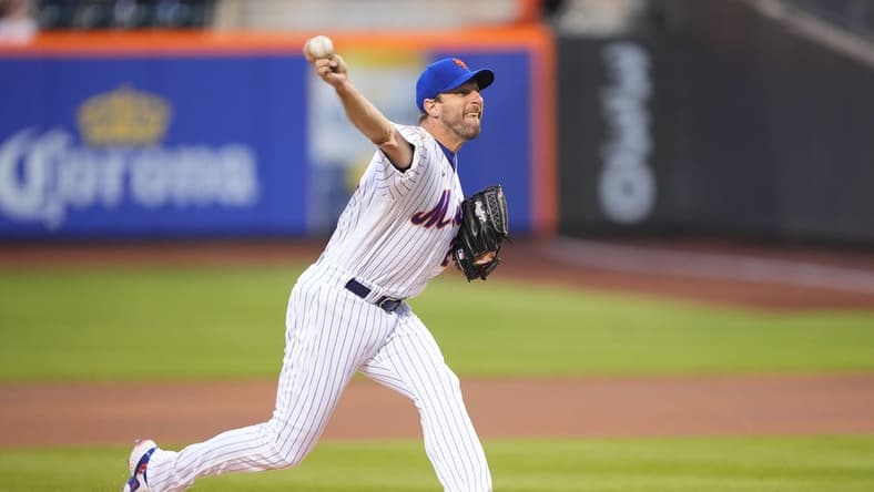 Apr 10, 2023; New York City, New York, USA; New York Mets pitcher Max Scherzer (21) delivers a pitch during the first inning against the San Diego Padres at Citi Field. Mandatory Credit: Gregory Fisher-USA TODAY Sports