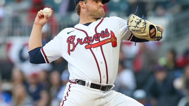 Apr 10, 2023; Atlanta, Georgia, USA; Atlanta Braves starting pitcher Bryce Elder (55) throws against the Cincinnati Reds in the first inning at Truist Park. Mandatory Credit: Brett Davis-USA TODAY Sports