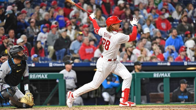 Apr 10, 2023; Philadelphia, Pennsylvania, USA; Philadelphia Phillies third baseman Alec Bohm (28) watches his three run home run against the Miami Marlins during the sixth inning at Citizens Bank Park. Mandatory Credit: Eric Hartline-USA TODAY Sports