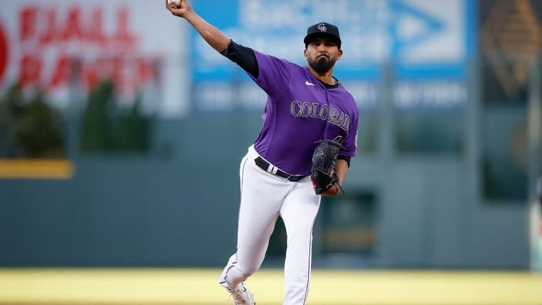 Apr 10, 2023; Denver, Colorado, USA; Colorado Rockies starting pitcher German Marquez (48) pitches in the first inning against the St. Louis Cardinals at Coors Field. Mandatory Credit: Isaiah J. Downing-USA TODAY Sports