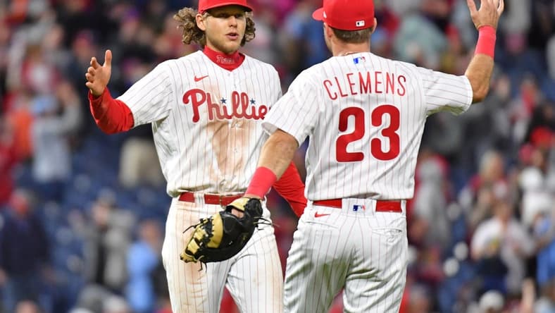 Apr 10, 2023; Philadelphia, Pennsylvania, USA; Philadelphia Phillies third baseman Alec Bohm (28) and third baseman Kody Clemens (23) celebrate win against the Miami Marlins at Citizens Bank Park. Mandatory Credit: Eric Hartline-USA TODAY Sports