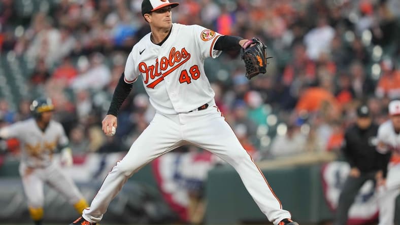 Apr 10, 2023; Baltimore, Maryland, USA; Baltimore Orioles pitcher Kyle Gibson (48) delivers in the third inning against the Oakland Athletics at Oriole Park at Camden Yards. Mandatory Credit: Mitch Stringer-USA TODAY Sports