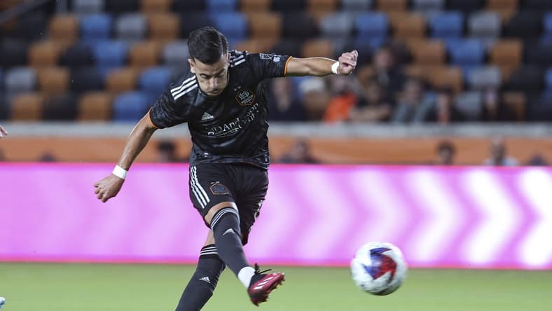 Apr 8, 2023; Houston, Texas, USA; Houston Dynamo FC midfielder Amine Bassi (8) in action during the match against the LA Galaxy at Shell Energy Stadium. Mandatory Credit: Troy Taormina-USA TODAY Sports