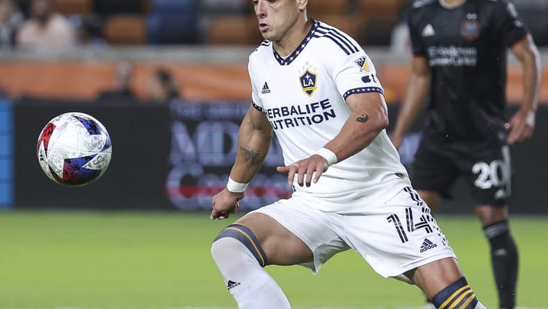 Apr 8, 2023; Houston, Texas, USA; LA Galaxy forward Javier Hernandez (14) in action during the match against the Houston Dynamo FC at Shell Energy Stadium. Mandatory Credit: Troy Taormina-USA TODAY Sports