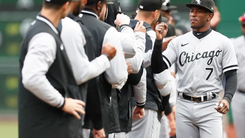 Apr 7, 2023; Pittsburgh, Pennsylvania, USA;  Chicago White Sox shortstop Tim Anderson (7) greets teammates during player introductions before the game against the Pittsburgh Pirates at PNC Park. Mandatory Credit: Charles LeClaire-USA TODAY Sports