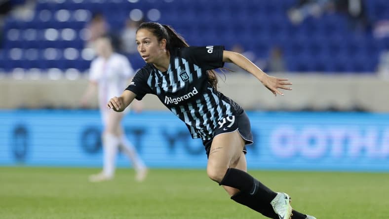 Apr 1, 2023; Harrison, New Jersey, USA; New Jersey/New York Gotham FC midfielder Victoria Pickett (99) in action against the OL Reign during the second half at Red Bull Arena. Mandatory Credit: Vincent Carchietta-USA TODAY Sports