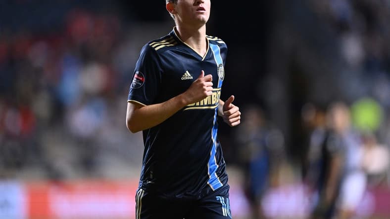 Apr 4, 2023; Chester, PA, USA; Philadelphia Union midfielder Jack McGlynn (16) looks on against Atlas FC in the first half at Subaru Park. Mandatory Credit: Kyle Ross-USA TODAY Sports