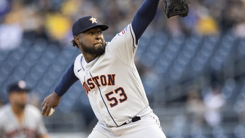 Apr 11, 2023; Pittsburgh, Pennsylvania, USA; Houston Astros starting pitcher Cristian Javier (53) throws the ball against the Pittsburgh Pirates during the first inning at PNC Park. Mandatory Credit: Scott Galvin-USA TODAY Sports