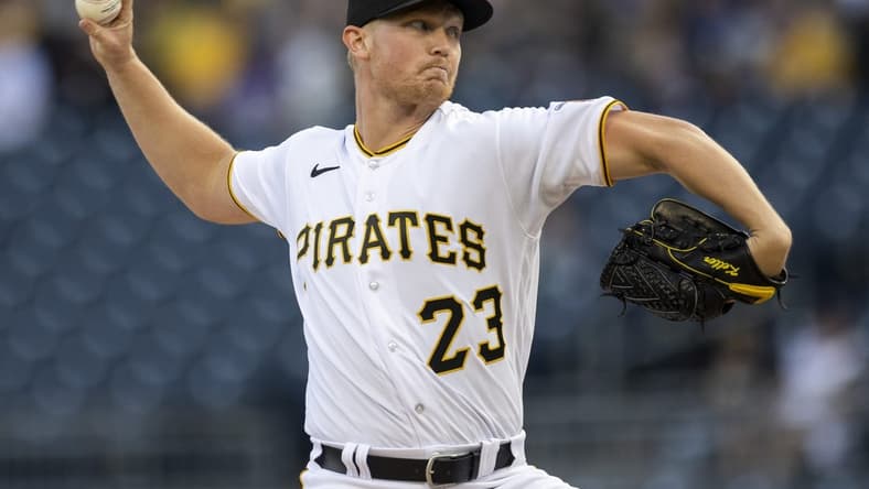 Apr 11, 2023; Pittsburgh, Pennsylvania, USA; Pittsburgh Pirates starting pitcher Mitch Keller (23) throws the ball to start the game against the Houston Astros at PNC Park. Mandatory Credit: Scott Galvin-USA TODAY Sports