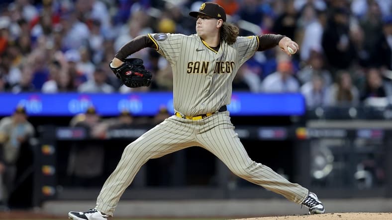 Apr 11, 2023; New York City, New York, USA; San Diego Padres starting pitcher Ryan Weathers (40) pitches against the New York Mets during the first inning at Citi Field. Mandatory Credit: Brad Penner-USA TODAY Sports