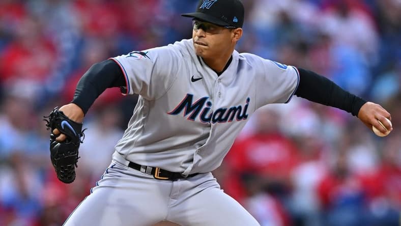 Apr 11, 2023; Philadelphia, Pennsylvania, USA; Miami Marlins starting pitcher Jesus Luzardo (44) throws a pitch against the Philadelphia Phillies in the second inning at Citizens Bank Park. Mandatory Credit: Kyle Ross-USA TODAY Sports