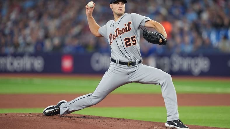 Apr 11, 2023; Toronto, Ontario, CAN; Detroit Tigers starting pitcher Matt Manning (25) throws a pitch against the Toronto Blue Jays during the first inning at the Rogers Centre. Mandatory Credit: Nick Turchiaro-USA TODAY Sports