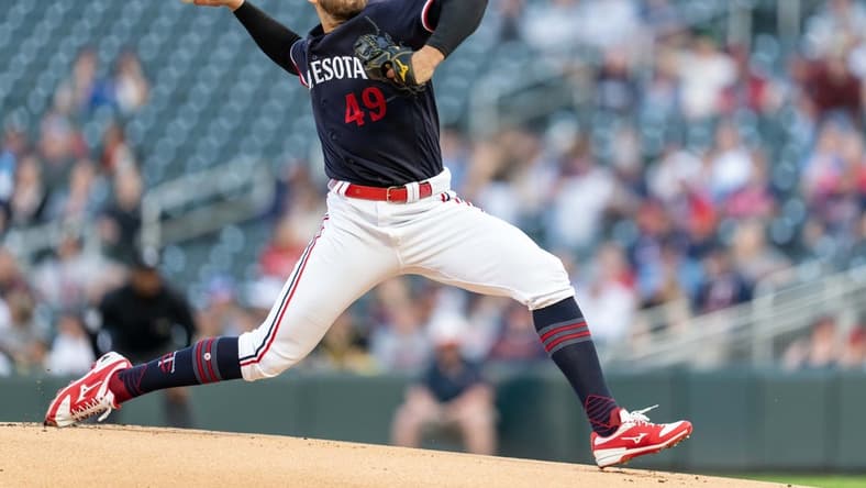 Apr 11, 2023; Minneapolis, Minnesota, USA; Minnesota Twins starting pitcher Pablo Lopez (49) is the starting pitcher against the Chicago White Sox in the first inning at Target Field. Mandatory Credit: Matt Blewett-USA TODAY Sports
