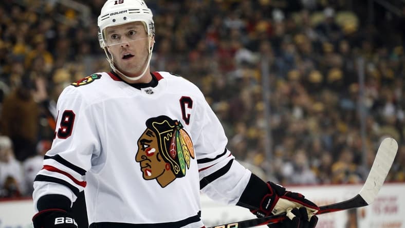 Apr 11, 2023; Pittsburgh, Pennsylvania, USA;  Chicago Blackhawks center Jonathan Toews (19) looks on before a face-off against the Pittsburgh Penguins during the first period at PPG Paints Arena. Mandatory Credit: Charles LeClaire-USA TODAY Sports