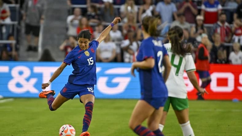 Apr 11, 2023; St. Louis, Missouri, USA;  U.S. women's national team defender Alana Cook (15) passes against the Republic of Ireland Womens National Team during the first half at CITYPARK. Mandatory Credit: Jeff Curry-USA TODAY Sports