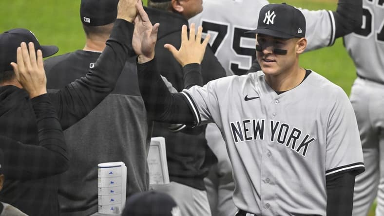 Apr 11, 2023; Cleveland, Ohio, USA; New York Yankees first baseman Anthony Rizzo (48) celebrates a win over the Cleveland Guardians at Progressive Field. Mandatory Credit: David Richard-USA TODAY Sports