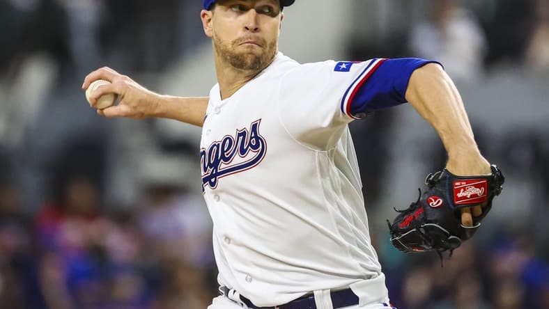 Apr 11, 2023; Arlington, Texas, USA;  Texas Rangers starting pitcher Jacob deGrom (48) throws during the fourth inning against the Kansas City Royals at Globe Life Field. Mandatory Credit: Kevin Jairaj-USA TODAY Sports