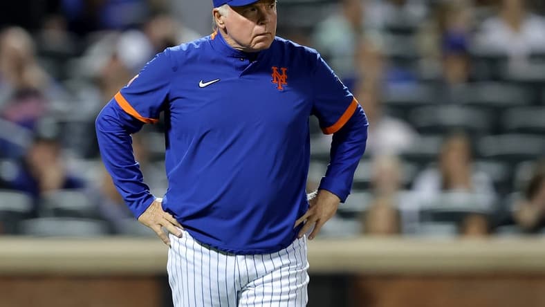 Apr 11, 2023; New York City, New York, USA; New York Mets manager Buck Showalter (11) reacts during the ninth inning against the San Diego Padres at Citi Field. Mandatory Credit: Brad Penner-USA TODAY Sports