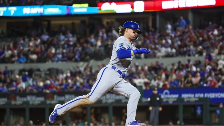Apr 11, 2023; Arlington, Texas, USA;  Kansas City Royals shortstop Bobby Witt Jr. (7) rounds third base and scores during the eighth inning against the Texas Rangers at Globe Life Field. Mandatory Credit: Kevin Jairaj-USA TODAY Sports