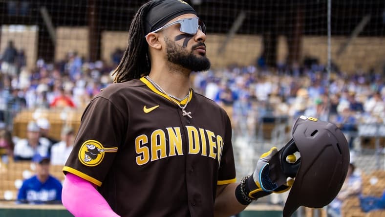 Mar 6, 2023; Phoenix, Arizona, USA; San Diego Padres outfielder Fernando Tatis Jr against the Los Angeles Dodgers during a spring training game at Camelback Ranch-Glendale. Mandatory Credit: Mark J. Rebilas-USA TODAY Sports