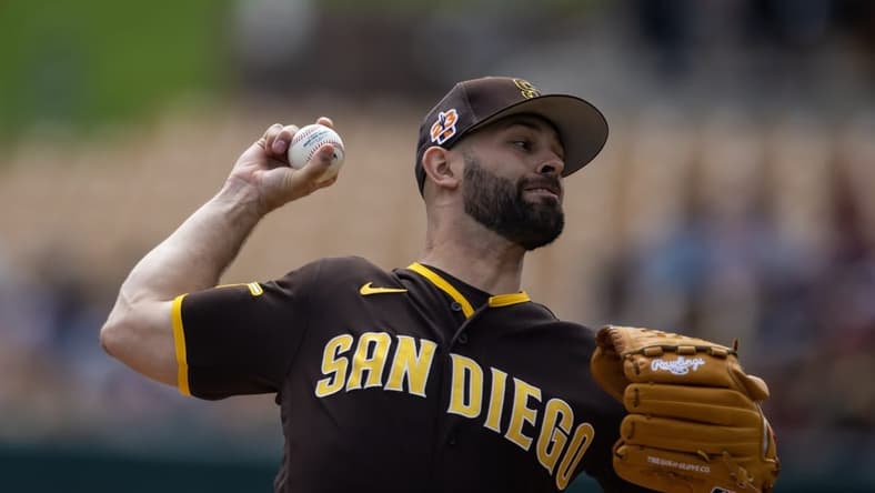 Mar 6, 2023; Phoenix, Arizona, USA; San Diego Padres pitcher Nick Martinez against the Los Angeles Dodgers during a spring training game at Camelback Ranch-Glendale. Mandatory Credit: Mark J. Rebilas-USA TODAY Sports