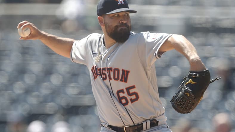Apr 12, 2023; Pittsburgh, Pennsylvania, USA;  Houston Astros starting pitcher Jose Urquidy (65) delivers a pitch against the Pittsburgh Pirates during the first inning at PNC Park. Mandatory Credit: Charles LeClaire-USA TODAY Sports