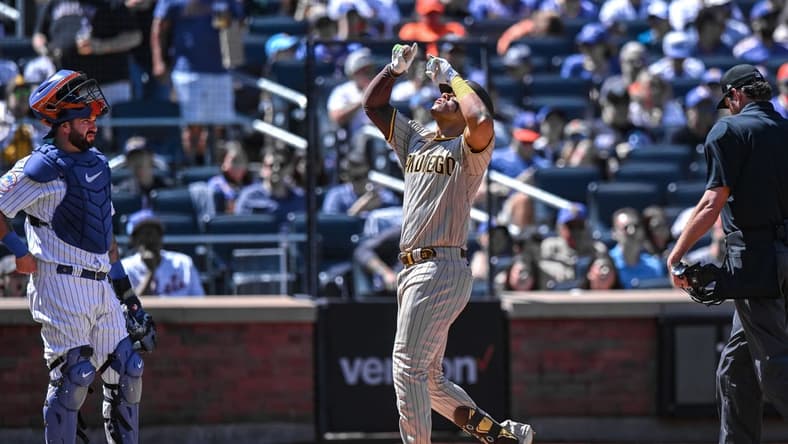 Apr 12, 2023; New York City, New York, USA; San Diego Padres left fielder Juan Soto (22) reacts after hitting a two-run home run against the New York Mets during the first inning at Citi Field. Mandatory Credit: John Jones-USA TODAY Sports