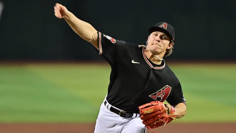 Apr 12, 2023; Phoenix, Arizona, USA;  Arizona Diamondbacks relief pitcher Drey Jameson (99) throws in the first inning against the Milwaukee Brewers at Chase Field. Mandatory Credit: Matt Kartozian-USA TODAY Sports