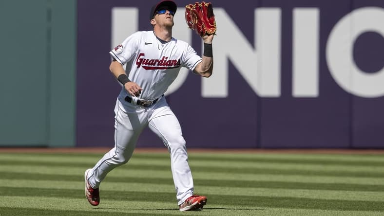 Apr 12, 2023; Cleveland, Ohio, USA; Cleveland Guardians center fielder Myles Straw (7) catches a ball it by New York Yankees catcher Kyle Higashioka (not pictured) during the seventh inning at Progressive Field. Mandatory Credit: Ken Blaze-USA TODAY Sports