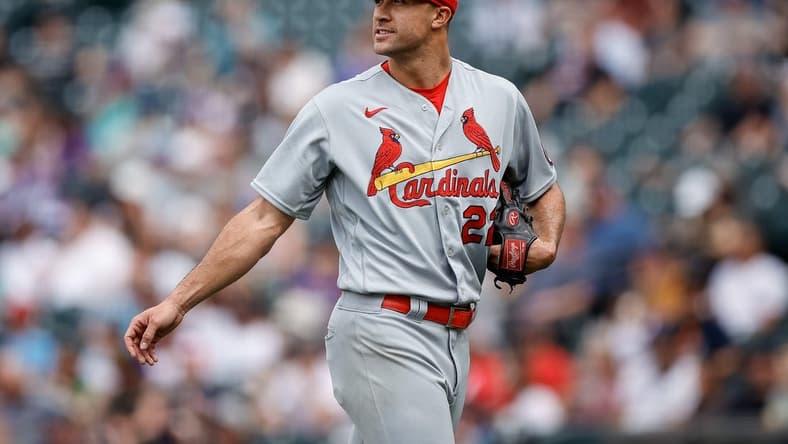 Apr 12, 2023; Denver, Colorado, USA; St. Louis Cardinals starting pitcher Jack Flaherty (22) walks to the dugout after being pulled in the sixth inning against the Colorado Rockies at Coors Field. Mandatory Credit: Isaiah J. Downing-USA TODAY Sports