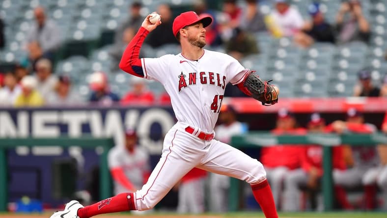 Apr 12, 2023; Anaheim, California, USA; Los Angeles Angels starting pitcher Griffin Canning (47) throws against the Washington Nationals during the first inning at Angel Stadium. Mandatory Credit: Gary A. Vasquez-USA TODAY Sports