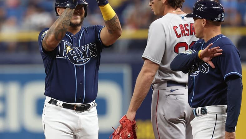 Apr 12, 2023; St. Petersburg, Florida, USA;  Tampa Bay Rays left fielder Harold Ramirez (43) celebrates after hitting a single against the Boston Red Sox during the first inning at Tropicana Field. Mandatory Credit: Kim Klement-USA TODAY Sports
