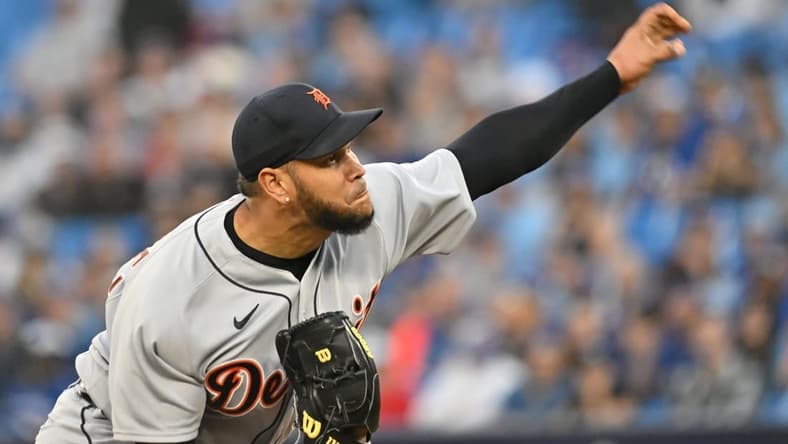 Apr 12, 2023; Toronto, Ontario, CAN;   Detroit Tigers starting pitcher Eduardo Rodriguez (57) delivers a pitch against the Toronto Blue Jays in the first inning at Rogers Centre. Mandatory Credit: Dan Hamilton-USA TODAY Sports
