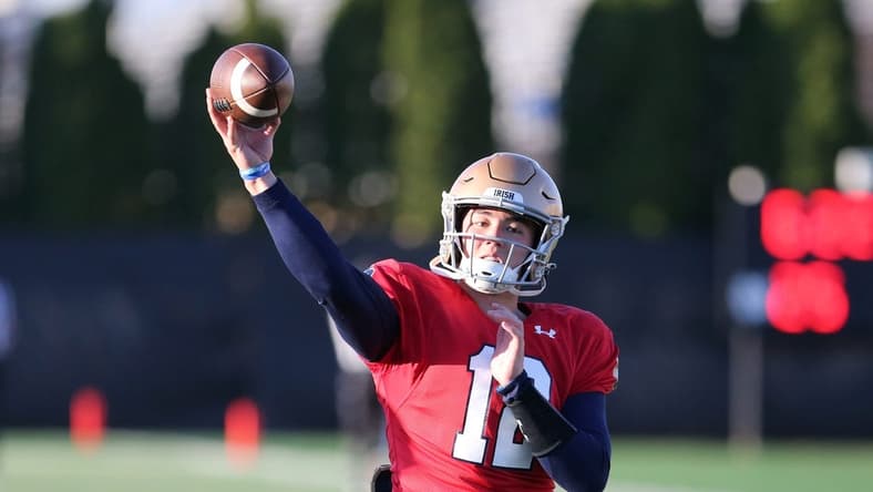 Notre Dame quarterback Tyler Buchner (12) throws a pass Wednesday, April 12, 2023, during spring football practice on the Notre Dame campus.
Nd Spring Football