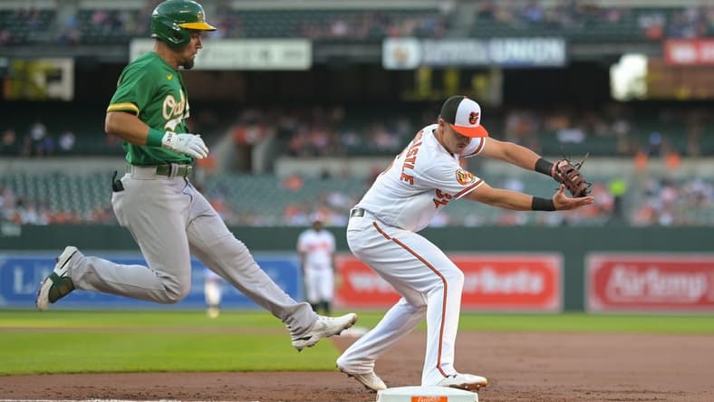 Apr 12, 2023; Baltimore, Maryland, USA;  Baltimore Orioles first baseman Ryan Mountcastle (6) holds secures the ball for the force out of Oakland Athletics third baseman Jace Peterson (6) in the second inning at Oriole Park at Camden Yards. Mandatory Credit: Tommy Gilligan-USA TODAY Sports