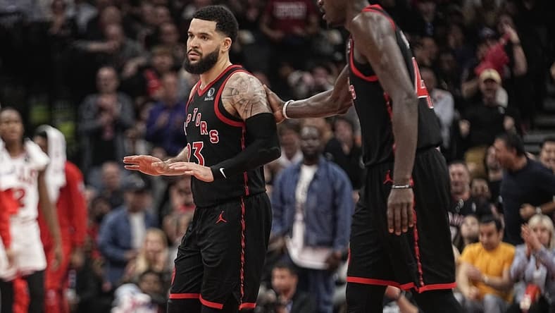 Apr 12, 2023; Toronto, Ontario, CAN; Toronto Raptors guard Fred VanVleet (23) and forward Pascal Siakam (43) come off the court durin a time out against the Chicago Bulls during the second half of a NBA Play-In game at Scotiabank Arena. Mandatory Credit: John E. Sokolowski-USA TODAY Sports