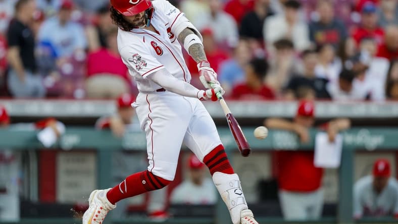 Apr 13, 2023; Cincinnati, Ohio, USA; Cincinnati Reds designated hitter Jonathan India (6) hits a double in the first inning against the Philadelphia Phillies at Great American Ball Park. Mandatory Credit: Katie Stratman-USA TODAY Sports