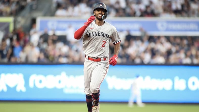 Apr 13, 2023; Bronx, New York, USA;  Minnesota Twins center fielder Michael A. Taylor (2) rounds the bases after hitting a two run home run in the first inning against the New York Yankees at Yankee Stadium. Mandatory Credit: Wendell Cruz-USA TODAY Sports