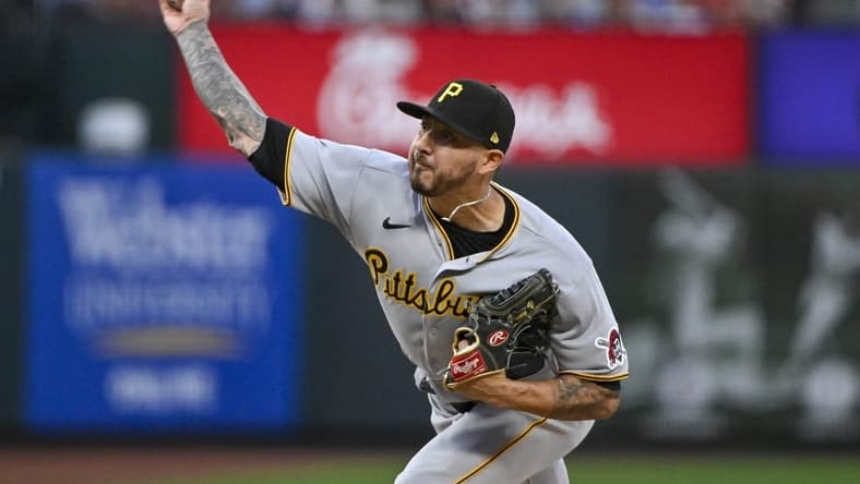 Apr 13, 2023; St. Louis, Missouri, USA;  Pittsburgh Pirates starting pitcher Vince Velasquez (27) pitches against the St. Louis Cardinals during the second inning at Busch Stadium. Mandatory Credit: Jeff Curry-USA TODAY Sports