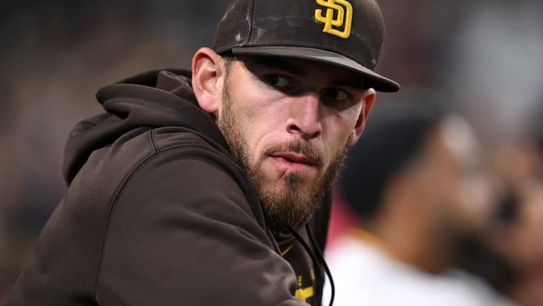 Apr 13, 2023; San Diego, California, USA; San Diego Padres pitcher Joe Musgrove (44) looks on from the dugout during the fifth inning against the Milwaukee Brewers at Petco Park. Mandatory Credit: Orlando Ramirez-USA TODAY Sports