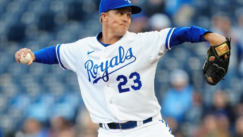 Apr 5, 2023; Kansas City, Missouri, USA; Kansas City Royals starting pitcher Zack Greinke (23) pitches during the first inning against the Toronto Blue Jays at Kauffman Stadium. Mandatory Credit: Jay Biggerstaff-USA TODAY Sports