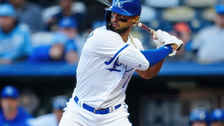 Apr 5, 2023; Kansas City, Missouri, USA; Kansas City Royals catcher MJ Melendez (1) bats during the first inning against the Toronto Blue Jays at Kauffman Stadium. Mandatory Credit: Jay Biggerstaff-USA TODAY Sports