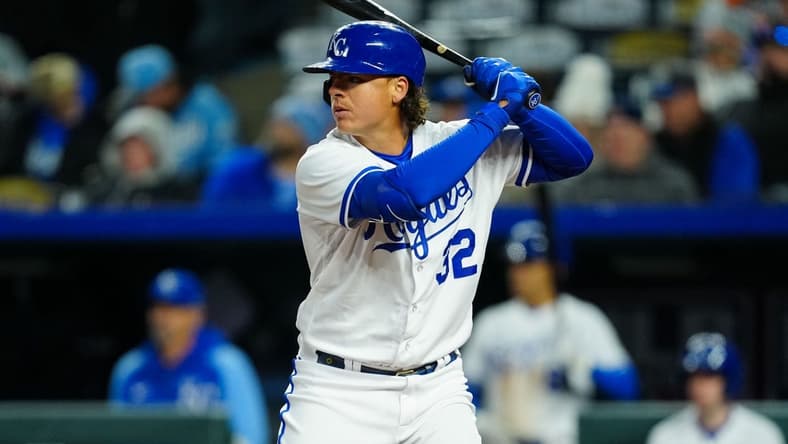 Apr 5, 2023; Kansas City, Missouri, USA; Kansas City Royals first baseman Nick Pratto (32) bats during the seventh inning against the Toronto Blue Jays at Kauffman Stadium. Mandatory Credit: Jay Biggerstaff-USA TODAY Sports