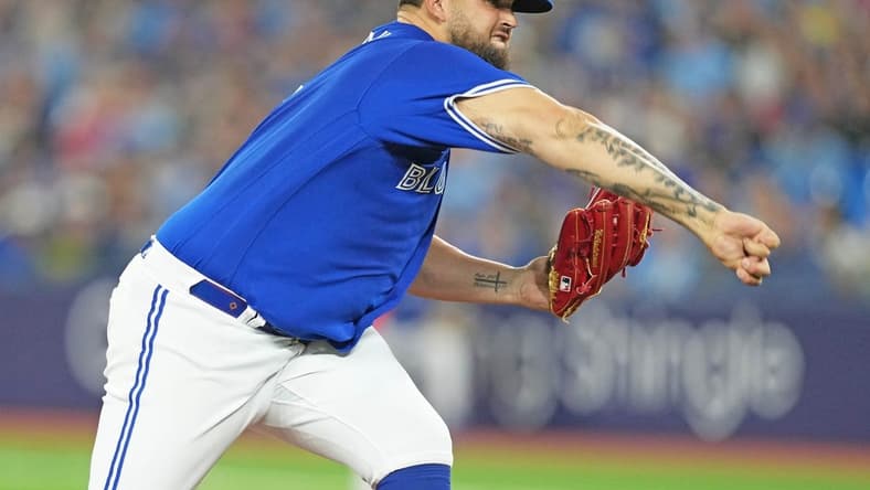 Apr 11, 2023; Toronto, Ontario, CAN; Toronto Blue Jays starting pitcher Alek Manoah (6) throws a pitch against the Detroit Tigers during the first inning at the Rogers Centre. Mandatory Credit: Nick Turchiaro-USA TODAY Sports