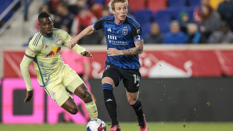 Apr 8, 2023; Harrison, New Jersey, USA; San Jose Earthquakes midfielder Jackson Yueill (14) in action against the New York Red Bulls during the first half at Red Bull Arena. Mandatory Credit: Vincent Carchietta-USA TODAY Sports