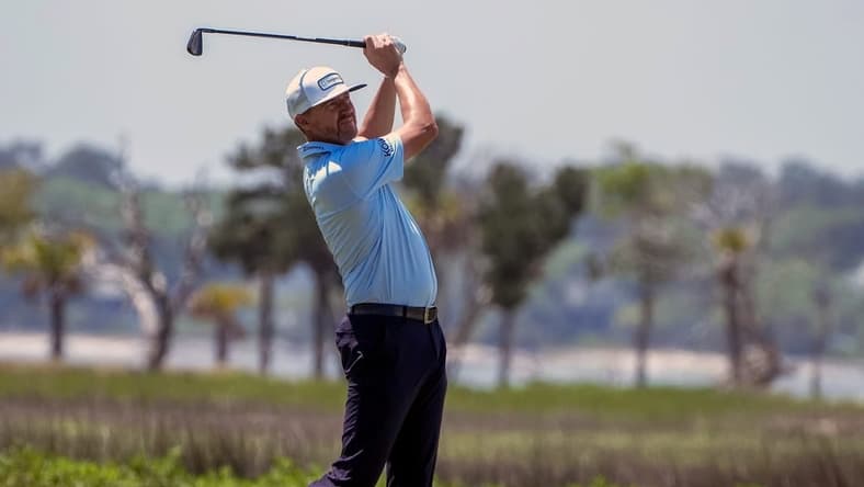 Apr 14, 2023; Hilton Head, South Carolina, USA; Jimmy Walker plays from the 18th fairway during the second round of the RBC Heritage golf tournament. Mandatory Credit: David Yeazell-USA TODAY Sports