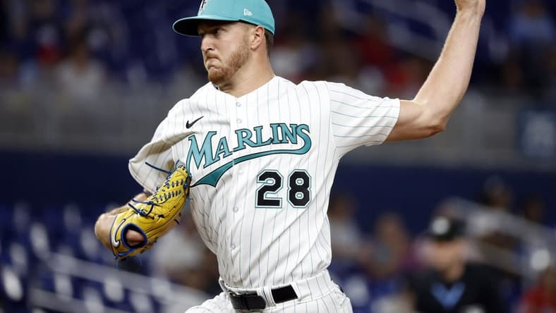 Apr 14, 2023; Miami, Florida, USA; Miami Marlins starting pitcher Trevor Rogers (28)pitches against the Arizona Diamondbacks during the first inning at loanDepot Park. Mandatory Credit: Rhona Wise-USA TODAY Sports
