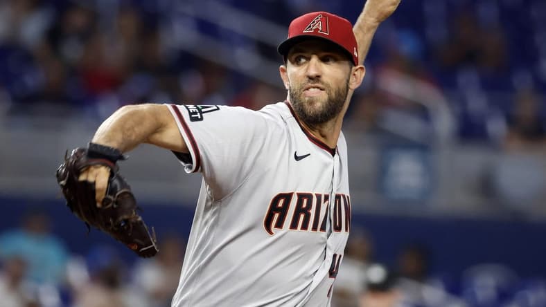Apr 14, 2023; Miami, Florida, USA; Arizona Diamondbacks starting pitcher Madison Bumgarner (40) pitches against the Miami Marlins during the first inning at loanDepot Park. Mandatory Credit: Rhona Wise-USA TODAY Sports