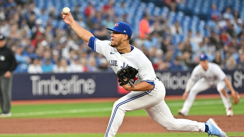 Apr 14, 2023; Toronto, Ontario, CAN;   Toronto Blue Jays starting pitcher Jose Berrios (17) delivers a pitch against the Tampa Bay Rays in the second inning at Rogers Centre. Mandatory Credit: Dan Hamilton-USA TODAY Sports